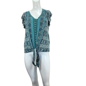 Democracy L blue & green geometric short Flutter sleeve tie waist top Boho